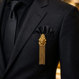 Royal Lion Head Gold Brooch with Chain Tassel | Luxury Lapel Pin for Men Wedding & Party Wear