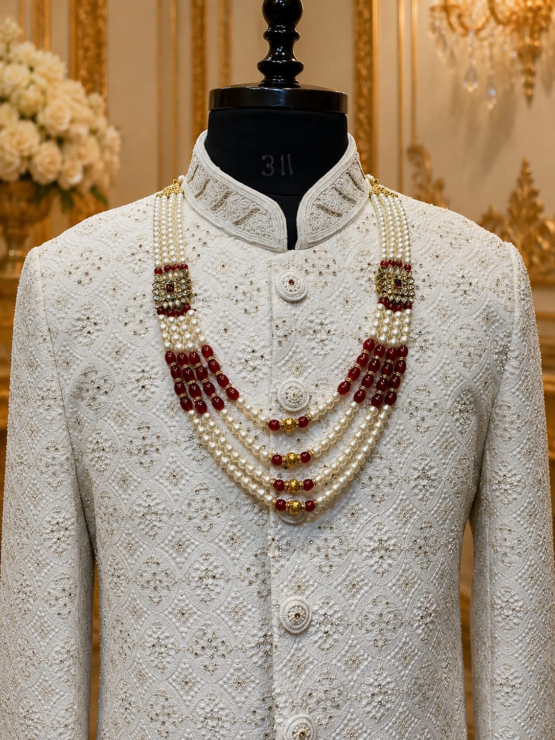 Royal Pearl & Ruby Beads Groom Mala for Men Royal Pearl & Ruby Beads Groom Mala for Men