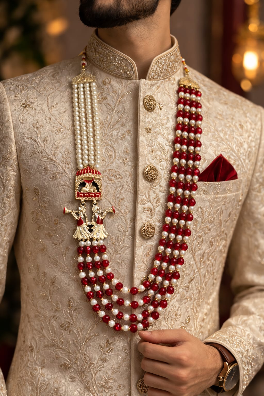 Royal Groom Pearl Mala for Wedding Sherwani | Red & White Wedding Haar Royal red and white pearl groom mala with decorative pendant for wedding sherwani