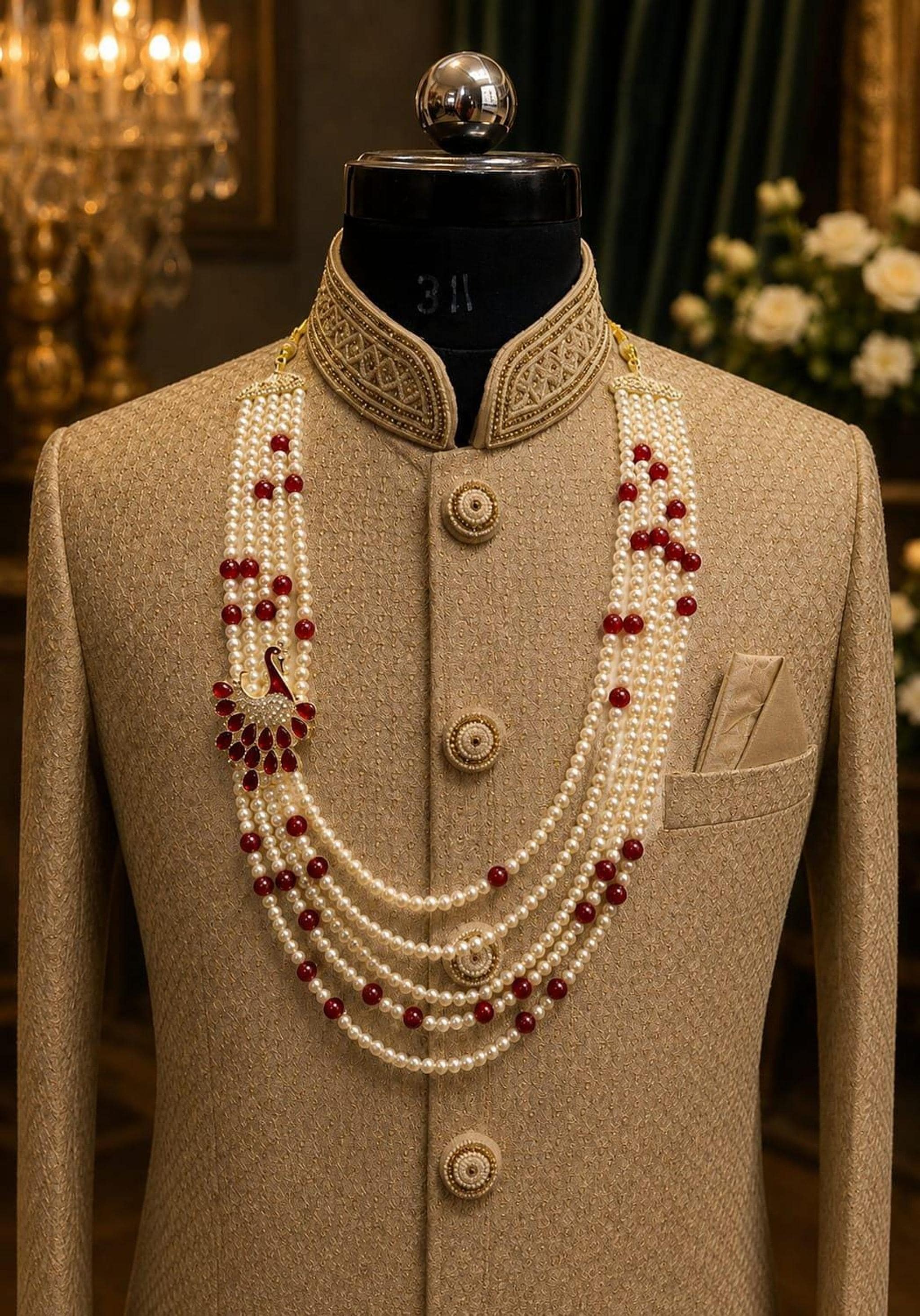 Royal Red Pearl Groom Necklace – Multi-Layer Sherwani Mala with Ornamental Pendant for Men Royal Red Pearl Groom Necklace – Multi-Layer Sherwani Mala with Ornamental Pendant for Men