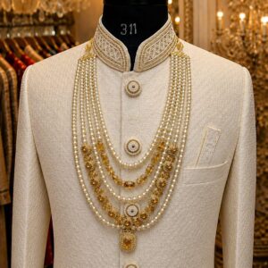 Multi-layer pearl groom necklace with gold-tone accents and statement pendant