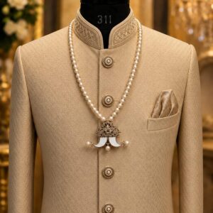 Royal pearl groom necklace with ornamental pendant styled on a traditional beige sherwani