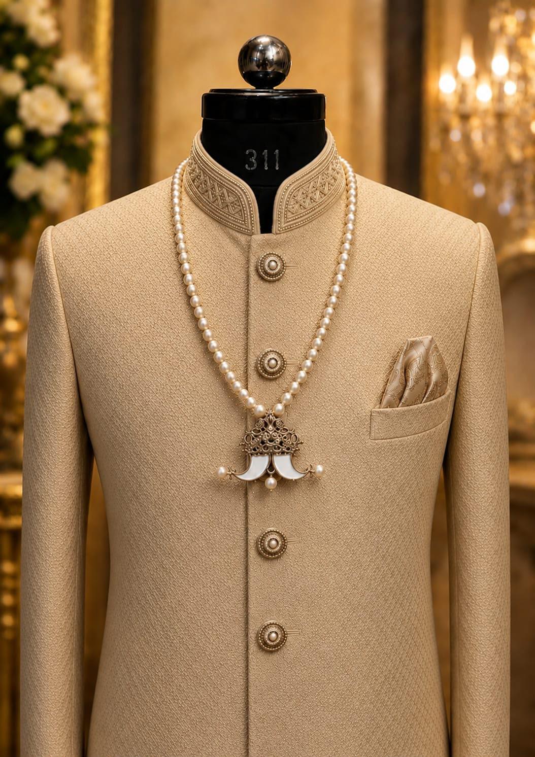 Royal pearl groom necklace with ornamental pendant styled on a traditional beige sherwani Royal pearl groom necklace with ornamental pendant styled on a traditional beige sherwani