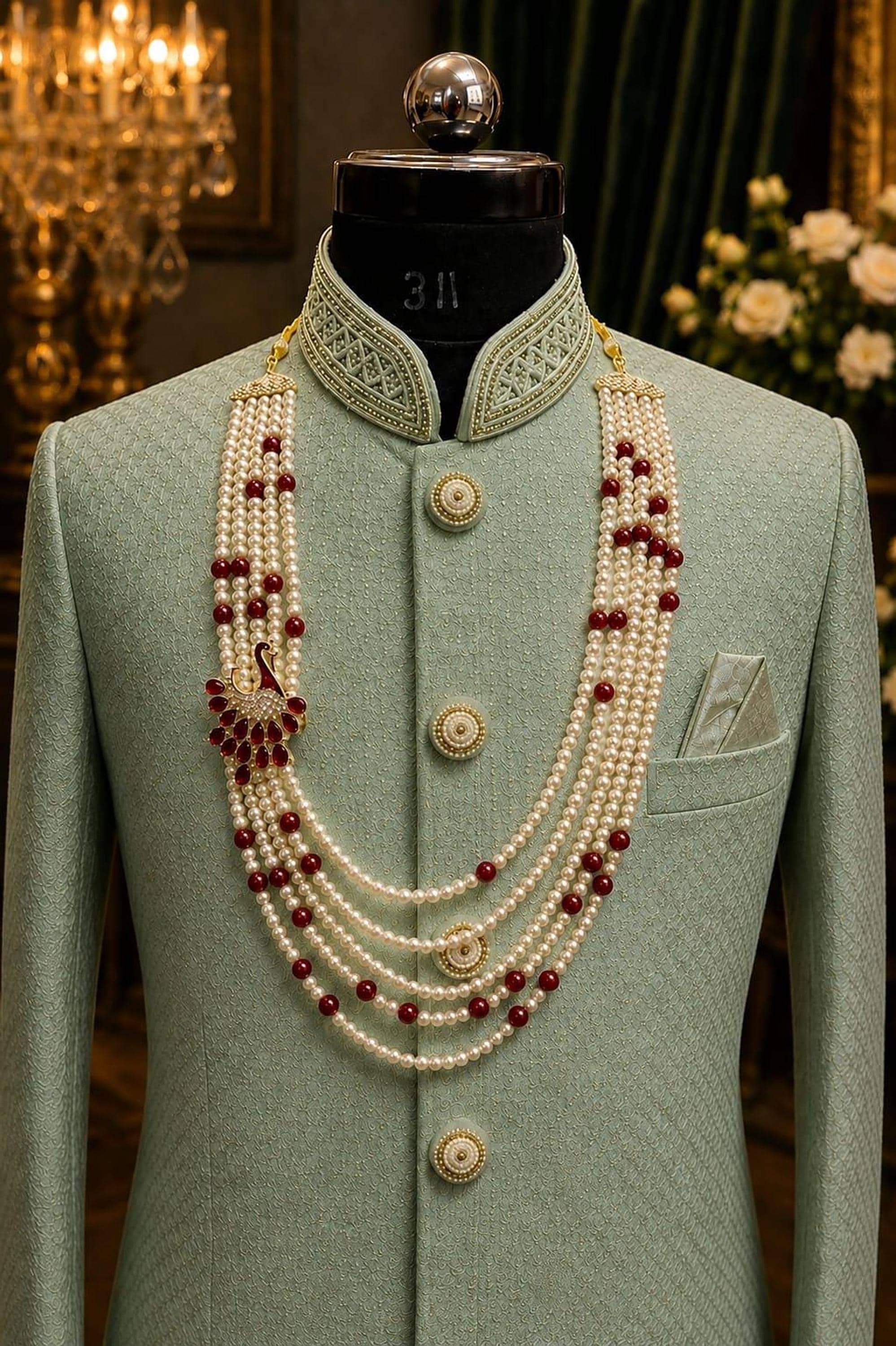 Royal Red Pearl Groom Necklace – Multi-Layer Sherwani Mala with Ornamental Pendant for Men Royal Red Pearl Groom Necklace – Multi-Layer Sherwani Mala with Ornamental Pendant for Men
