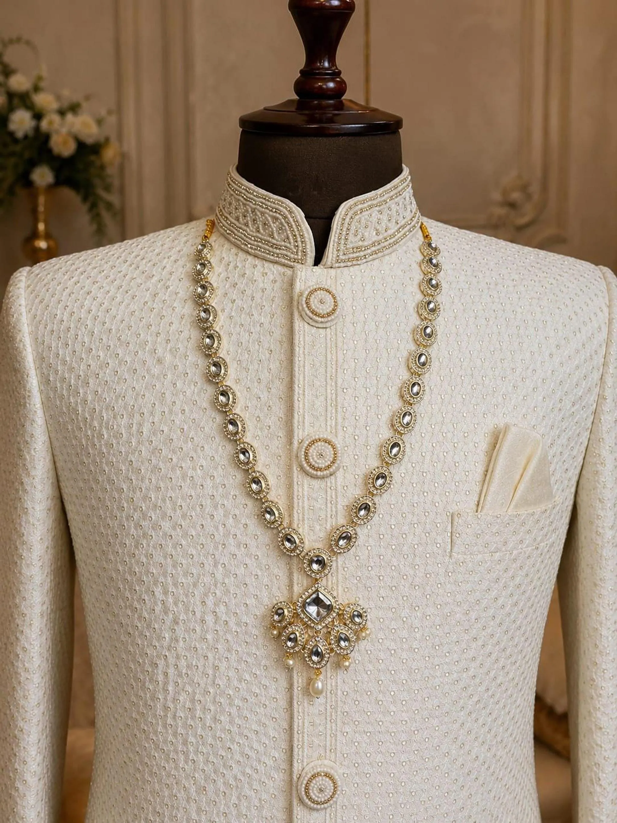 Royal Pearl Groom Necklace – Layered Sherwani Mala with Ornamental Pendant for Indian Weddings Royal pearl groom necklace with layered pearl-style beads and ornamental pendant displayed on a maroon sherwani